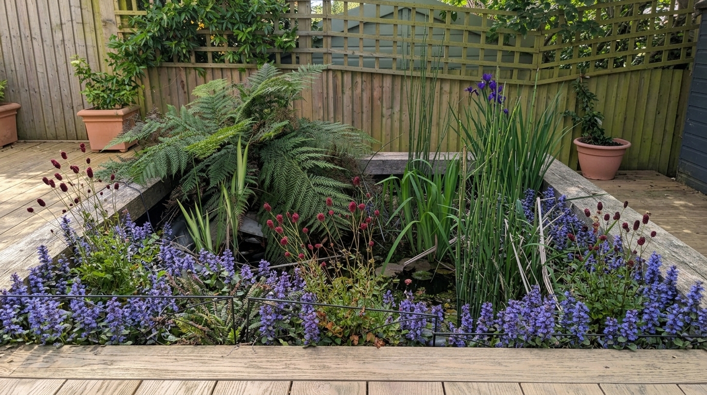 A pond border densely planted with a low blue carpet of Ajuga, clumps of red Sanguisorba drumsticks, and Iris sibirica rising out of the water, with an existing tree fern behind